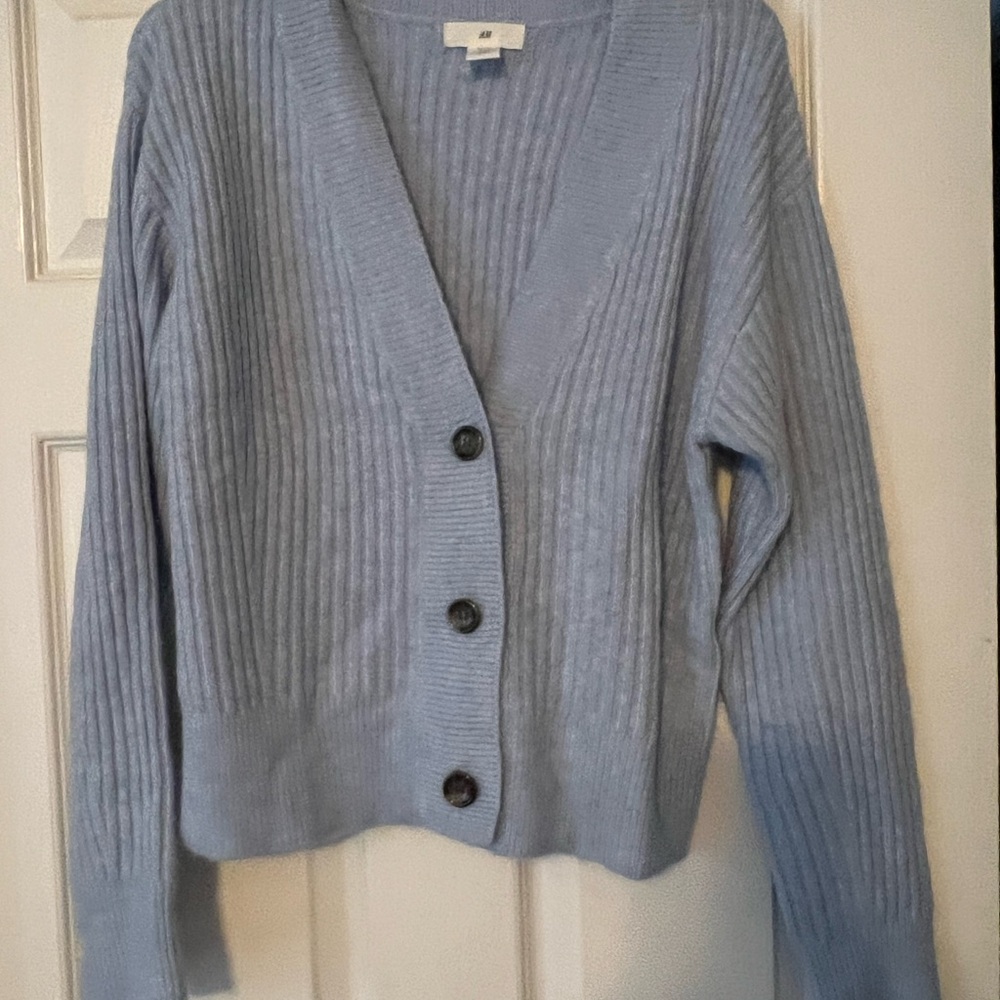 H&M Blue Cardigan Sweater with Ribbed Knit and V-Neck